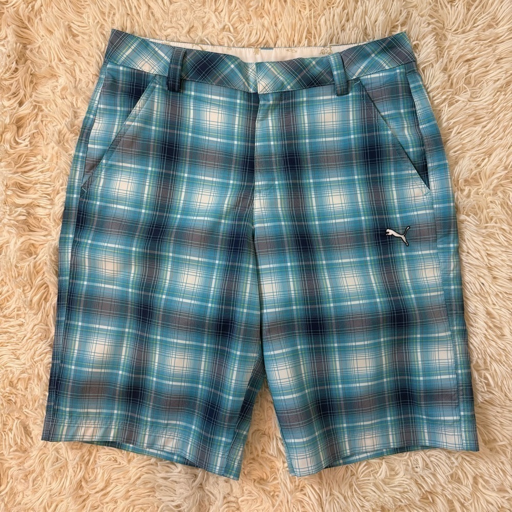 NWOT Puma Men's Plaid Tech Lightweight Stretch Shorts w 28 blue white pockets